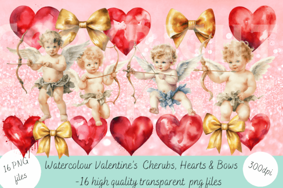 Download Watercolour Hearts, Cherubs &amp; Bows - Premium Resources