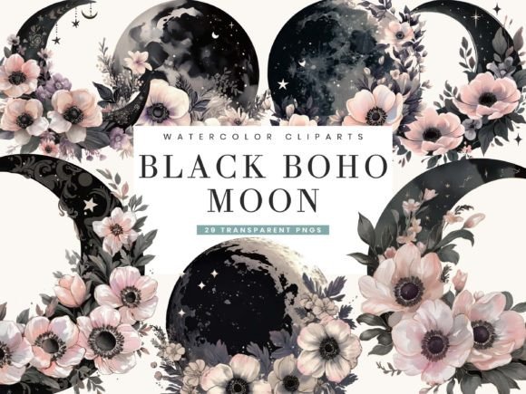 Download Black Boho Floral Moon Clipart Bundle - Floral moon Collection